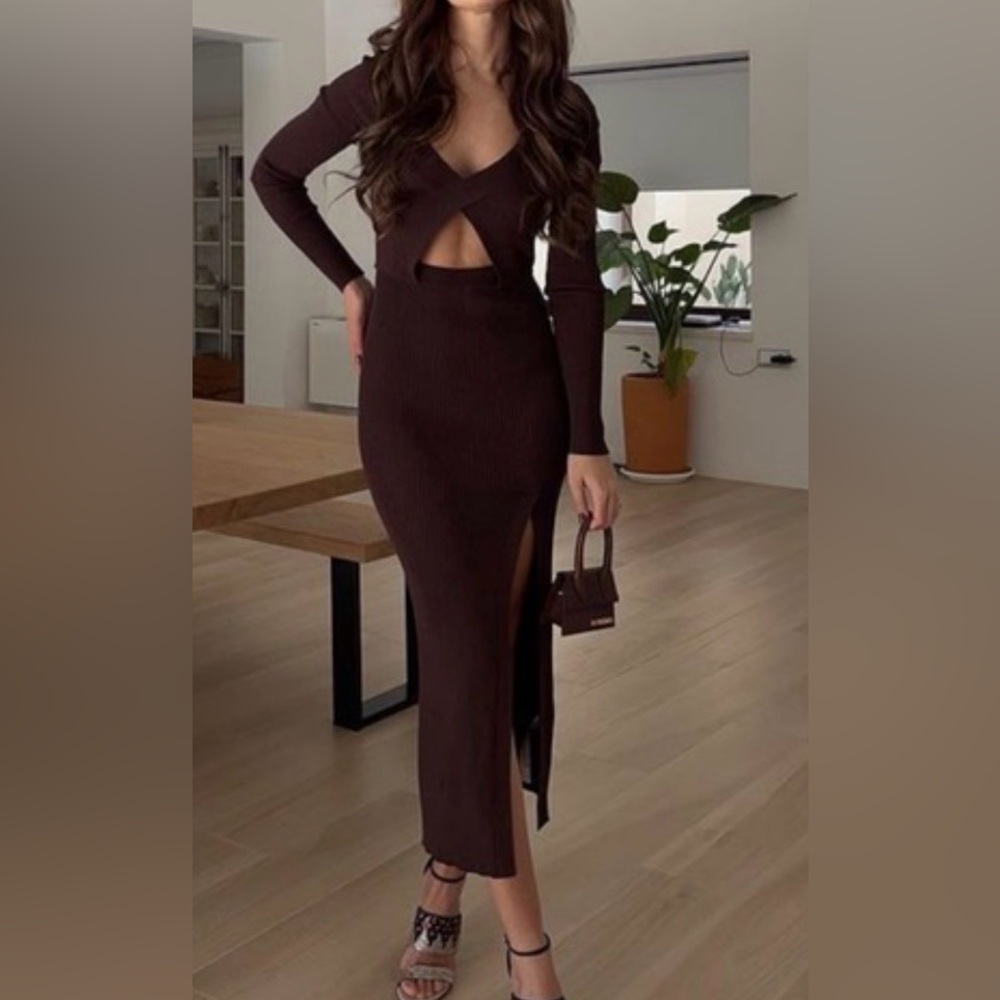 Zara Dark Brown Cutout Ribbed Midi Dress